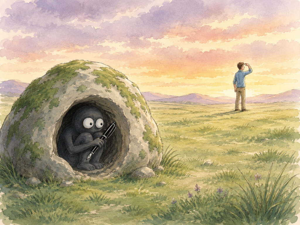 AI-gerated image of shadowy creature hiding in a small cave in a boulder. Outside, a man is looking for something.