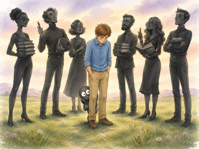 AI-generate image of man with head hanging dwarfed by tall literary figures holding stacks of books and pens. A shadoy creature is peeping from behind his legs.