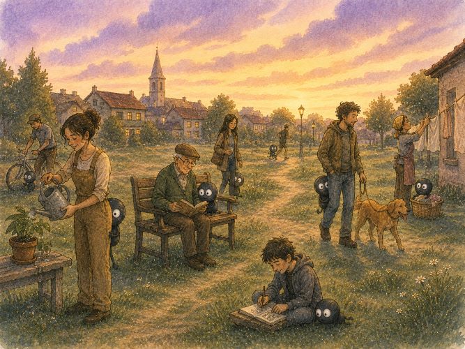 AI-generate image of twilight village scene. People are going about various activities accompanied by their spiritual self which is depicted as a small shadowy figure accompanying each person.