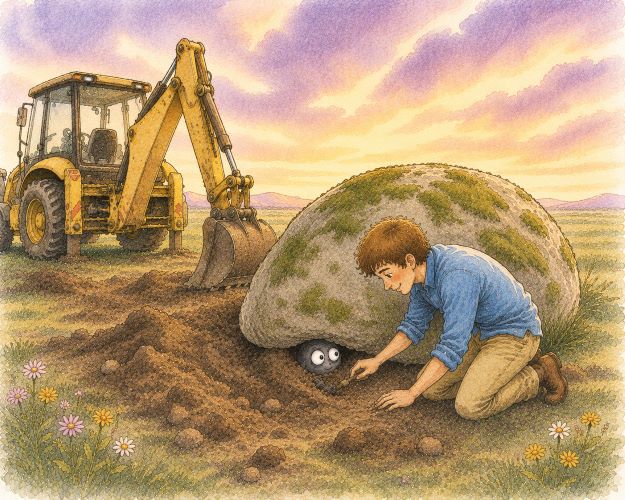 AI-generated image of a shadowy figure mostly buried beneath a boulder. Eyes peeping out. Man is kneeling and helping it escape. Back hoe is in the background.