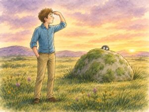 AI-generated image of man in a field searching for something. Behind him is a boulder with a shodowy creature peeping out.
