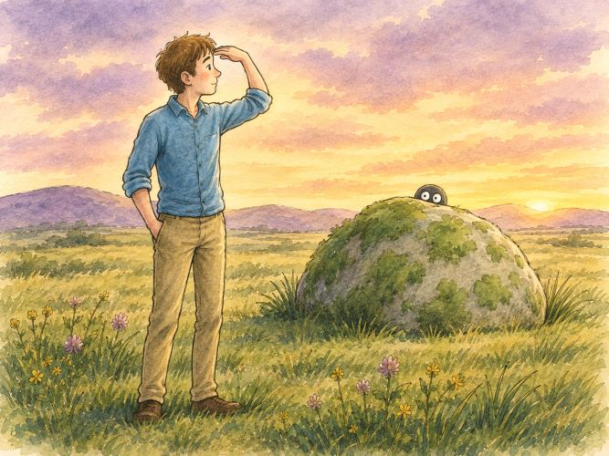 AI-generated image of man in a field searching for something. Behind him is a boulder with a shodowy creature peeping out.